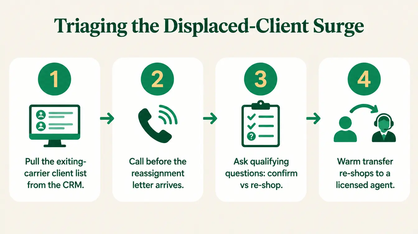 Infographic showing a four-step triage workflow for displaced ACA clients: step one, pull the list of clients enrolled with an exiting carrier from the CRM; step two, place a proactive outbound call before the marketplace reassignment letter arrives; step three, ask qualifying questions to sort a simple confirmation from a full re-shop; step four, warm transfer the re-shop calls to a licensed agent with answers already captured