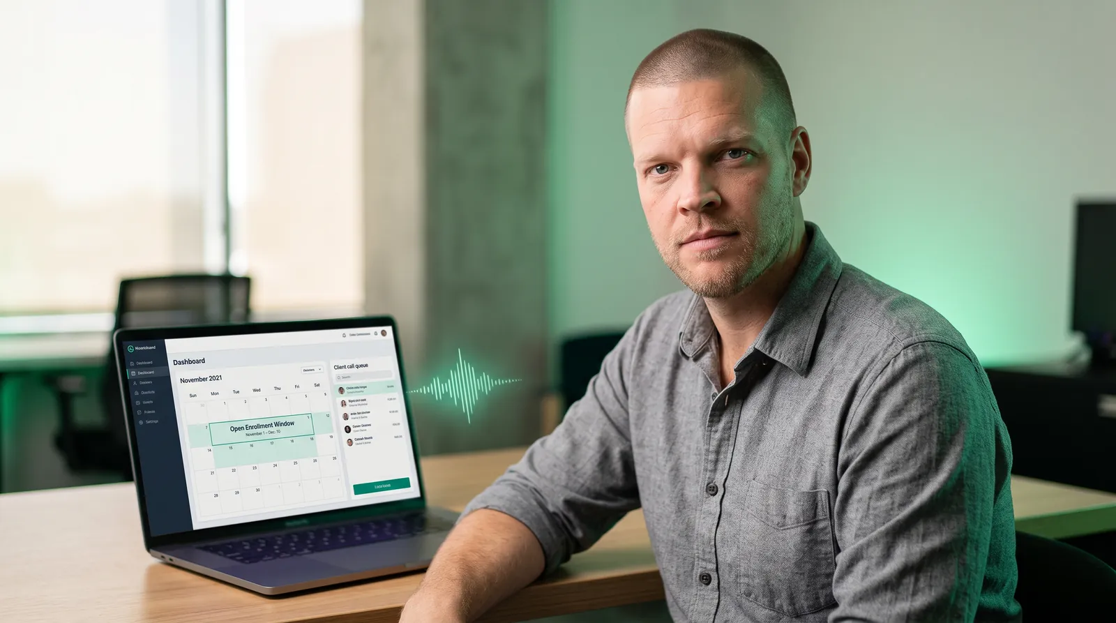 Mike Moore, founder of TheAffordableAI, at his desk reviewing a dashboard showing the compressed November 1 to December 15 ACA open enrollment window and a live client call queue