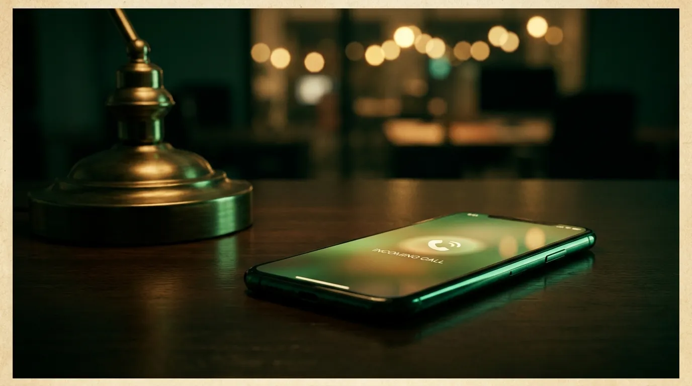 A smartphone lit up with an incoming call on a dark desk at night, representing an after-hours insurance lead calling in while the office is closed