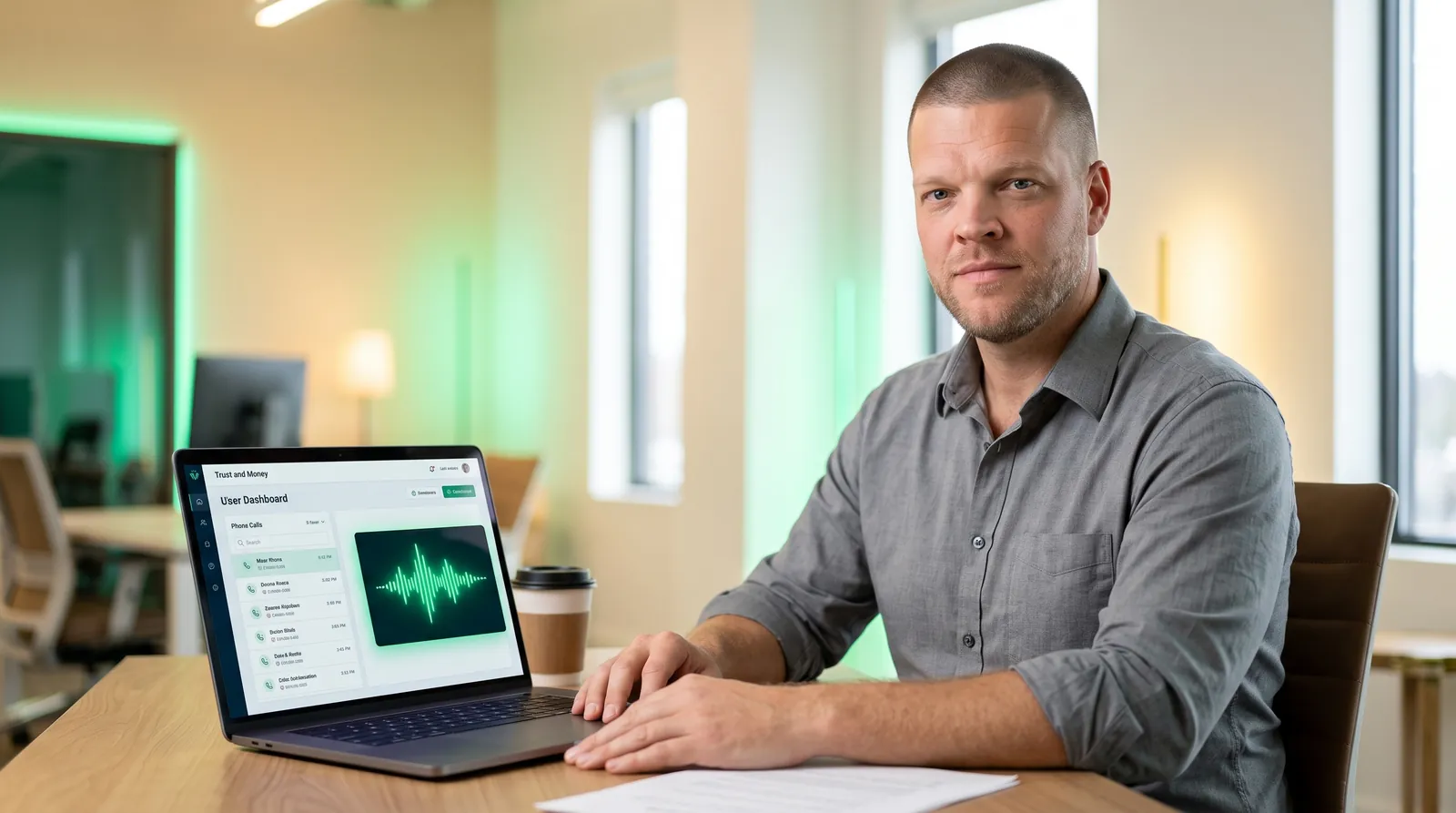 Mike Moore at a desk reviewing an aged lead database on a dashboard screen with a glowing emerald voice waveform, representing insurance lead database reactivation