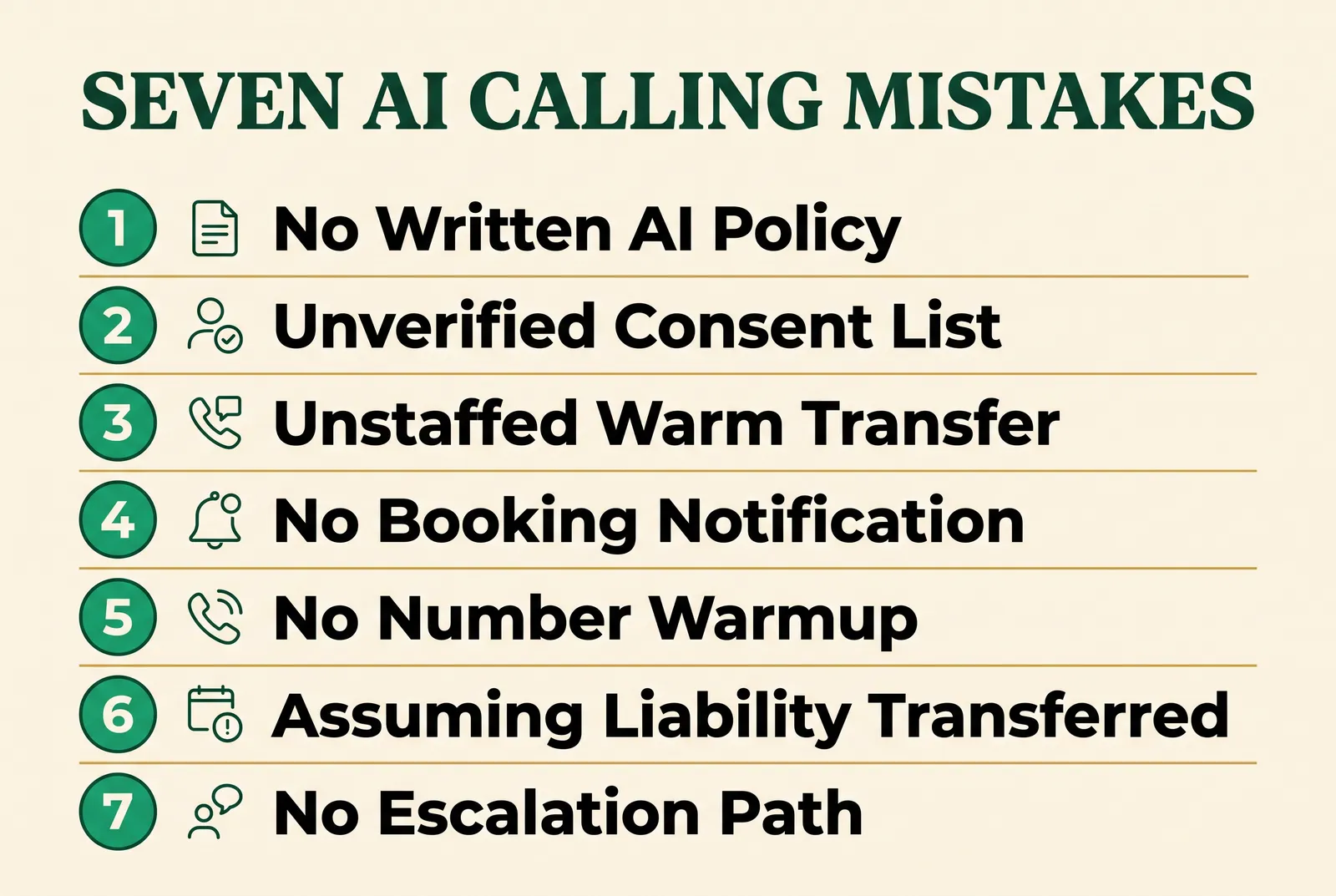 Infographic titled Seven AI Calling Mistakes listing a numbered checklist: 1 No Written AI Policy, 2 Unverified Consent List, 3 Unstaffed Warm Transfer, 4 No Booking Notification, 5 No Number Warmup, 6 Assuming Liability Transferred, 7 No Escalation Path.