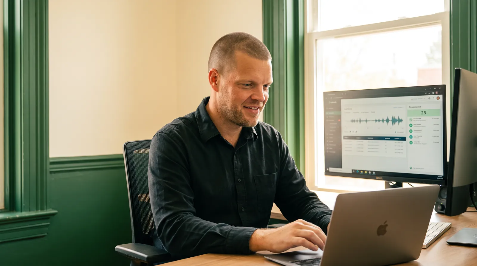 Mike Moore, founder of TheAffordableAI, at his desk reviewing a live inbound call dashboard showing a waveform and a queue of incoming insurance lead calls
