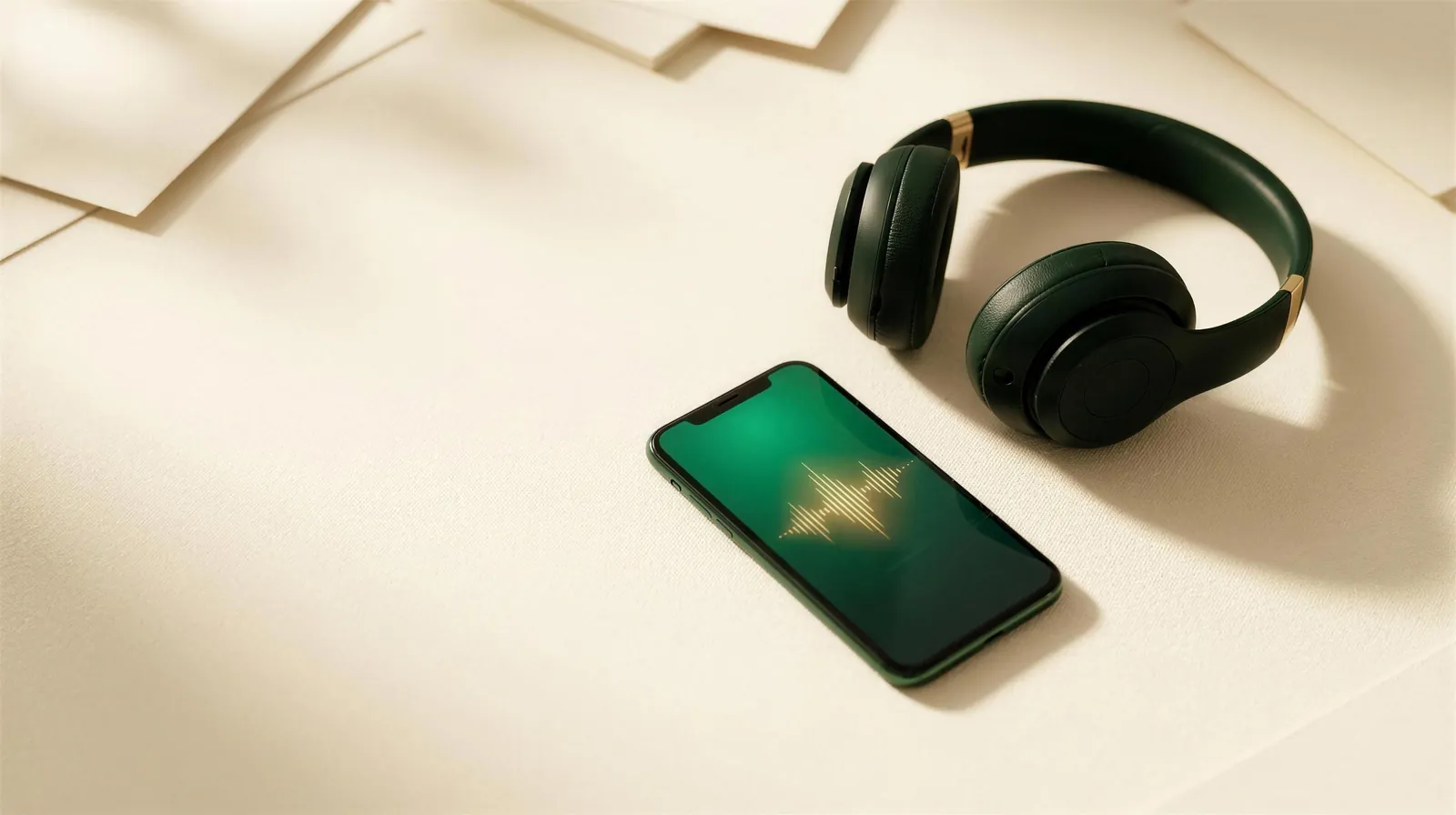 A wireless headset and a smartphone glowing with an emerald voice waveform on a warm paper desk, representing an AI voice agent handling an insurance call