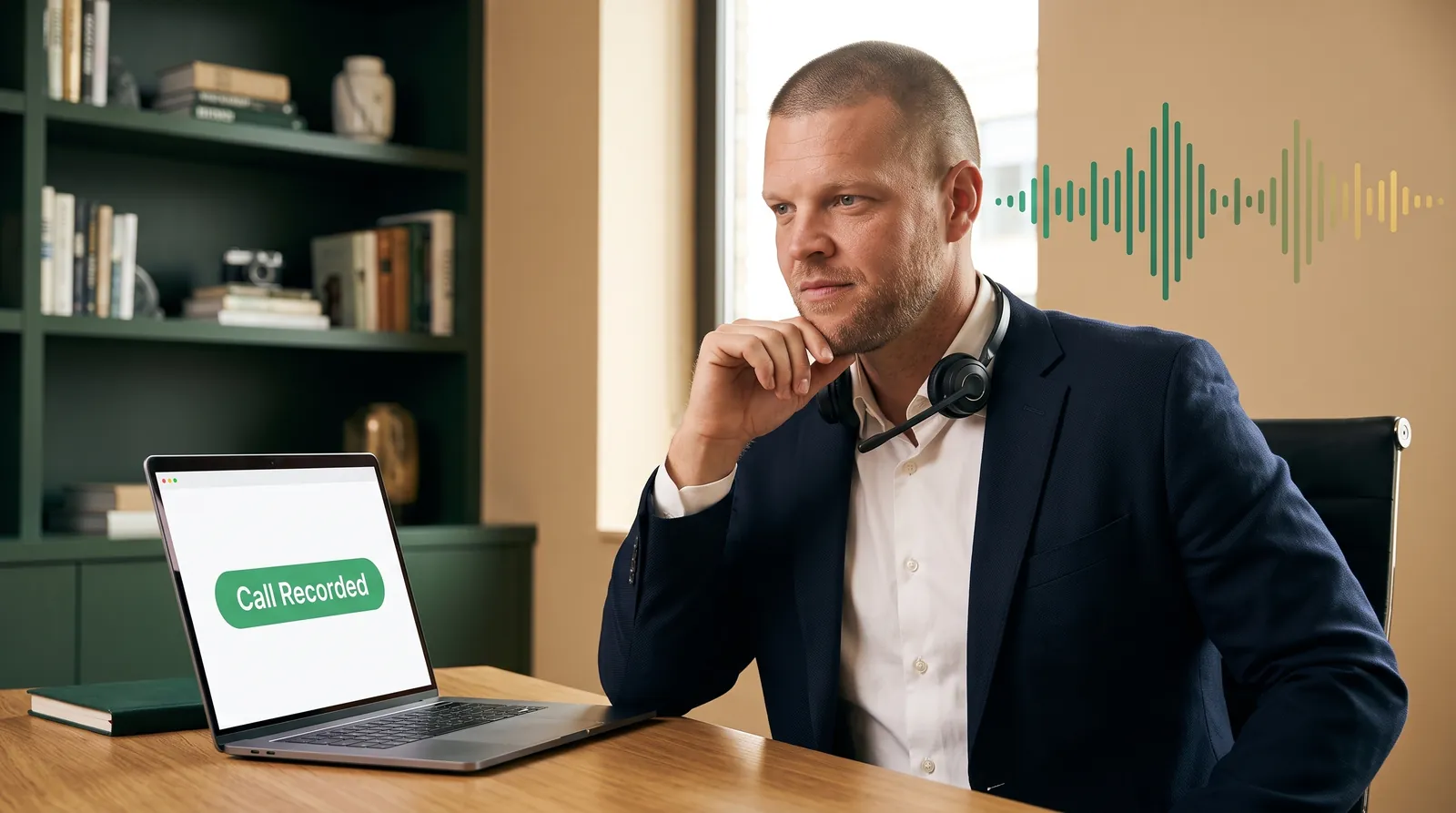 Mike Moore at a desk with a headset and a dashboard showing an outbound call to a California lead with a recording-consent disclosure banner, an emerald voice waveform overlaying the screen