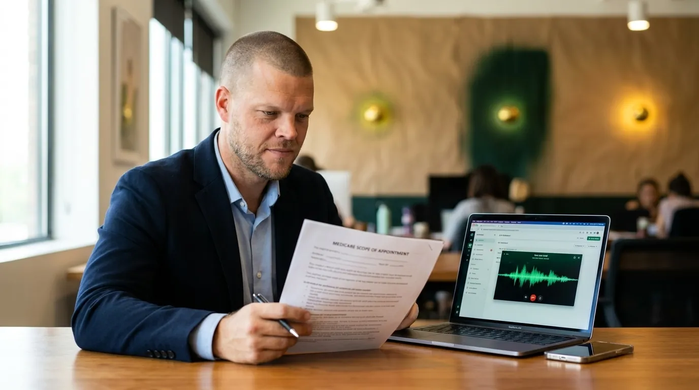 Mike Moore reviewing a Medicare Scope of Appointment form at a desk with a laptop showing a call dashboard, representing an insurance agency preparing for the CMS 2027 Medicare marketing rule changes