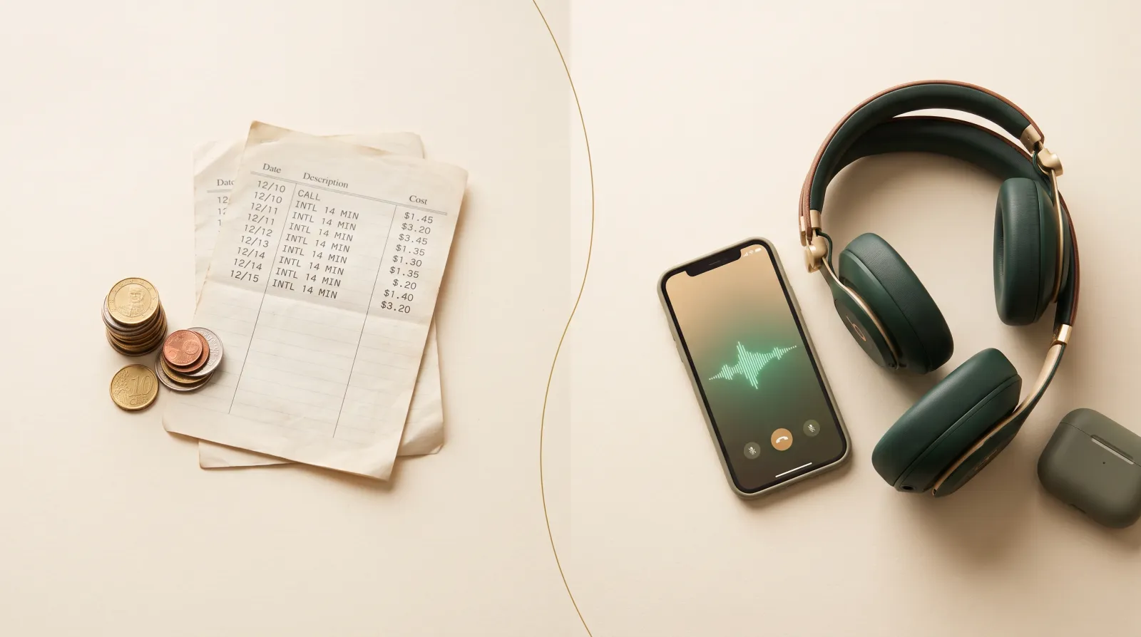 A flat-lay of an old paper phone bill and a stack of coins on one side and a smartphone glowing with an emerald voice waveform beside a headset on the other, representing the cost gap between a human-handled call and an AI voice agent call