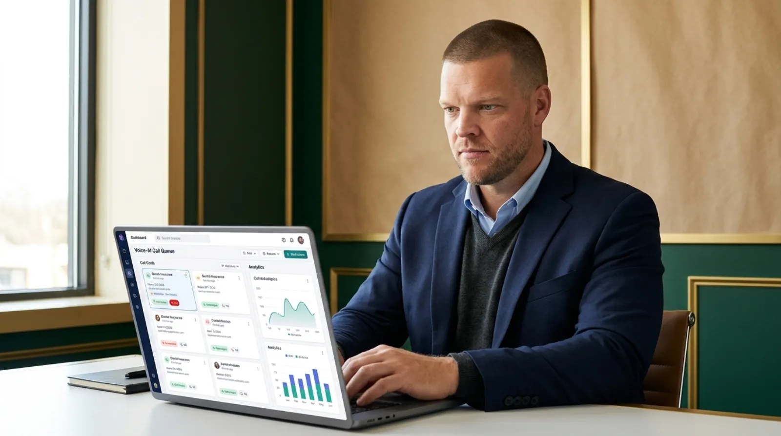 Mike Moore, founder of TheAffordableAI, at his desk with a dental insurance lead call queue and CRM dashboard on screen
