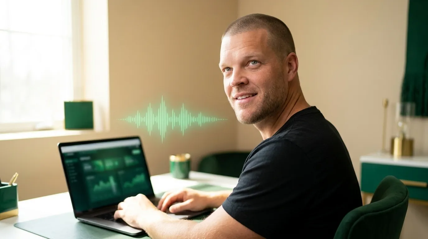 Mike Moore at a desk with two phones and a dashboard showing separate Facebook and Google lead intake feeds, an emerald voice waveform overlaying the screen, representing paid insurance lead follow-up
