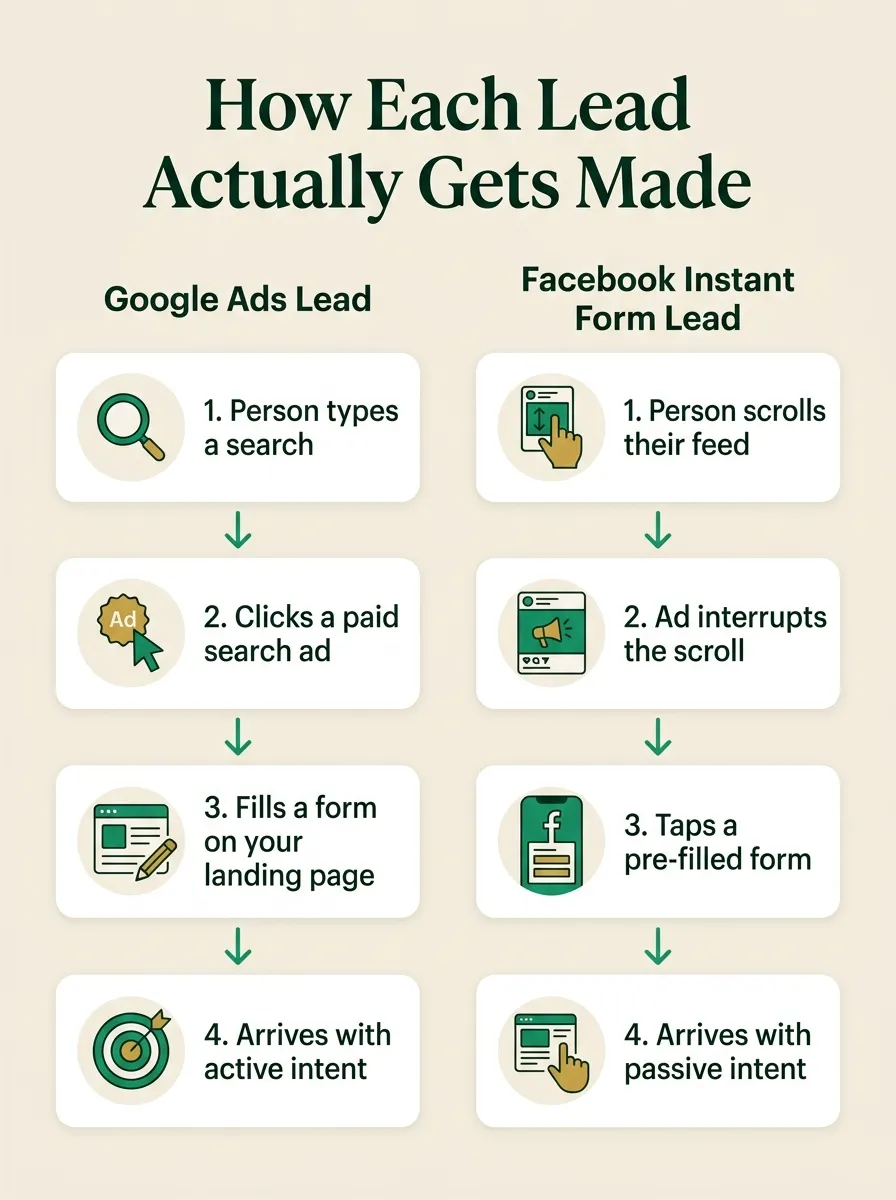 Infographic titled How Each Lead Actually Gets Made, comparing two four-step flows. Google Ads Lead: 1. Person types a search, 2. Clicks a paid search ad, 3. Fills a form on your landing page, 4. Arrives with active intent. Facebook Instant Form Lead: 1. Person scrolls their feed, 2. Ad interrupts the scroll, 3. Taps a pre-filled form, 4. Arrives with passive intent.