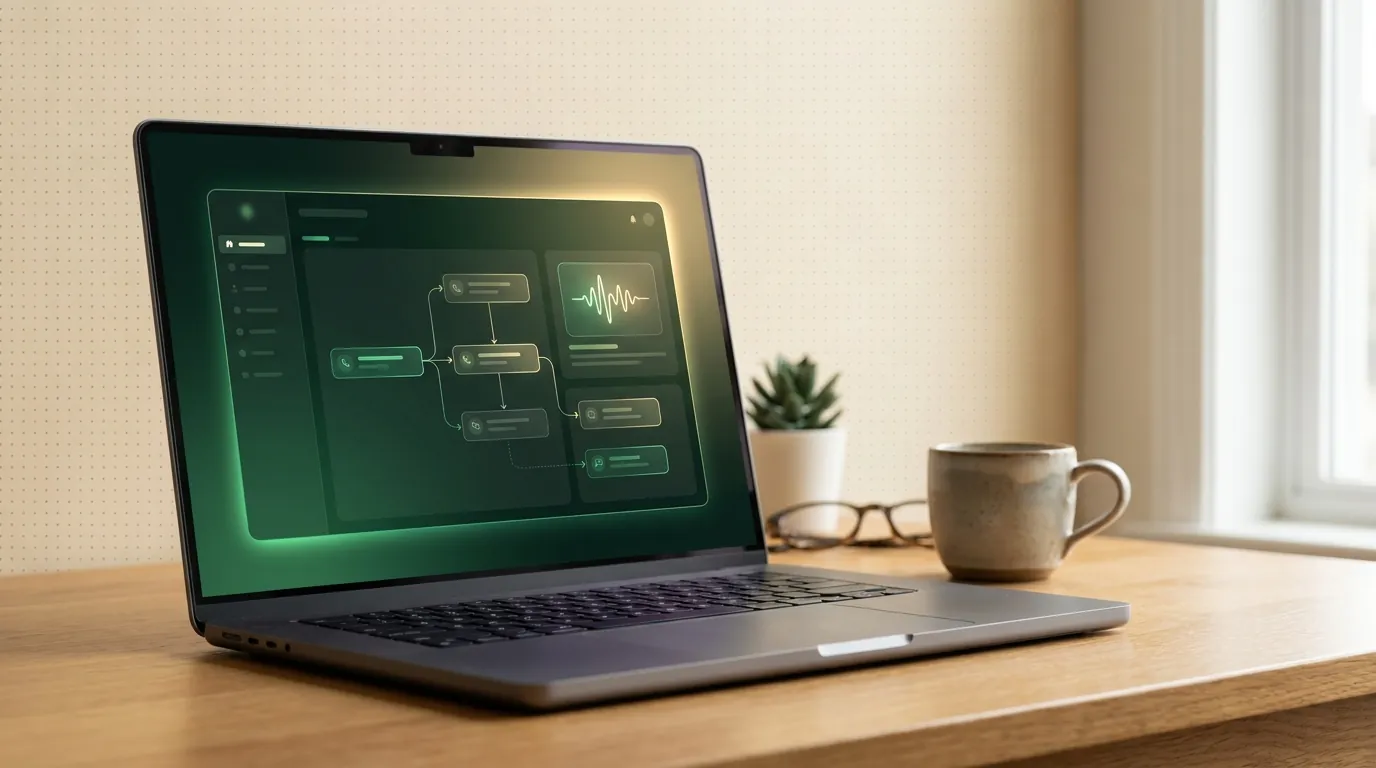 A CRM workflow dashboard glowing on a laptop screen at a warm wood desk, showing a connected call-routing pipeline in emerald and gold, representing a GoHighLevel insurance lead workflow
