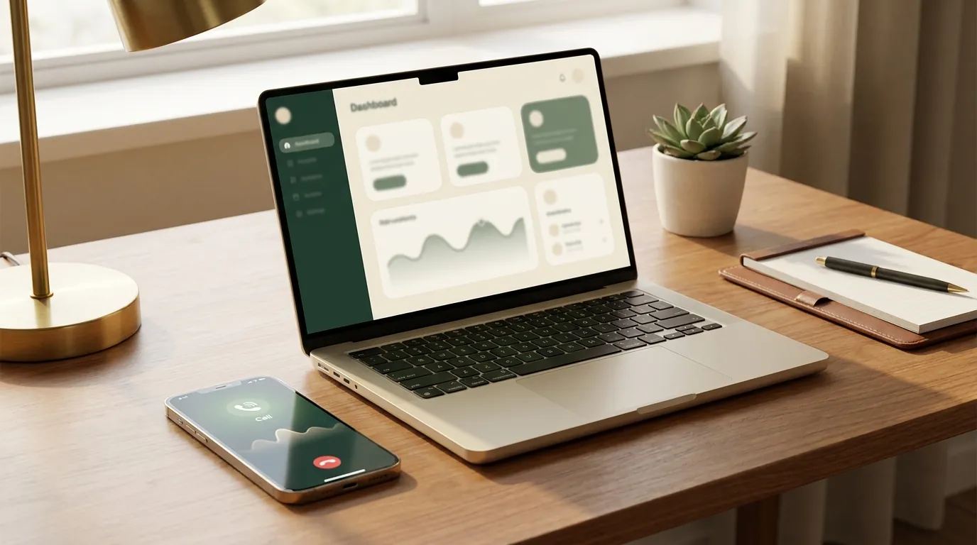 A smartphone lighting up with an incoming call next to an open laptop showing a blurred lead dashboard on a warm wood desk, representing an incoming Google Local Services Ads lead landing on an insurance agent's phone