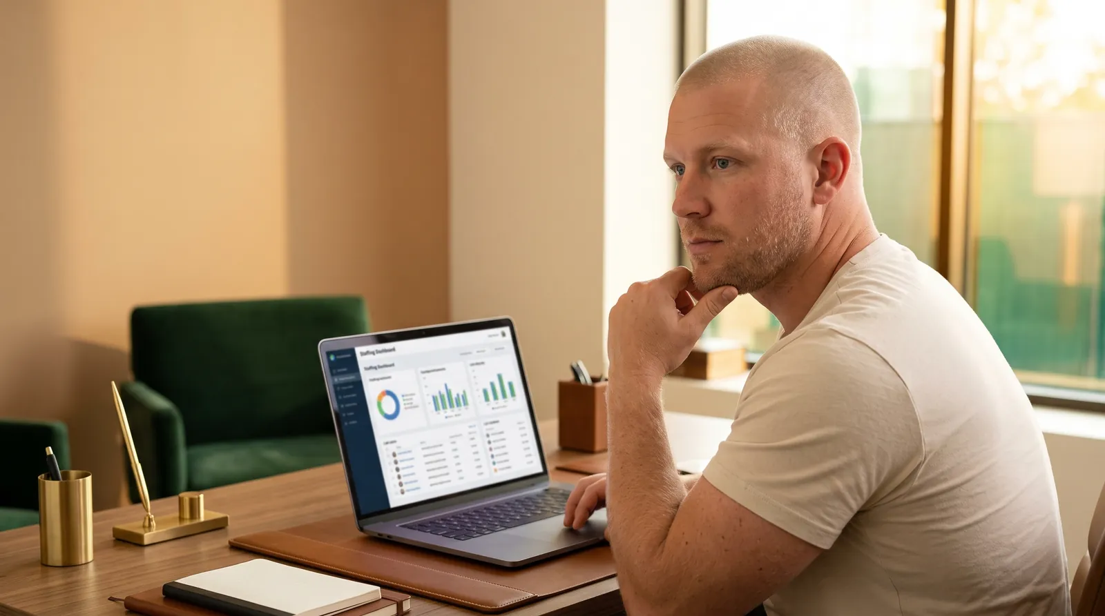 Mike Moore, founder of TheAffordableAI, at his desk reviewing a staffing dashboard showing an open hiring pipeline alongside a live inbound call queue