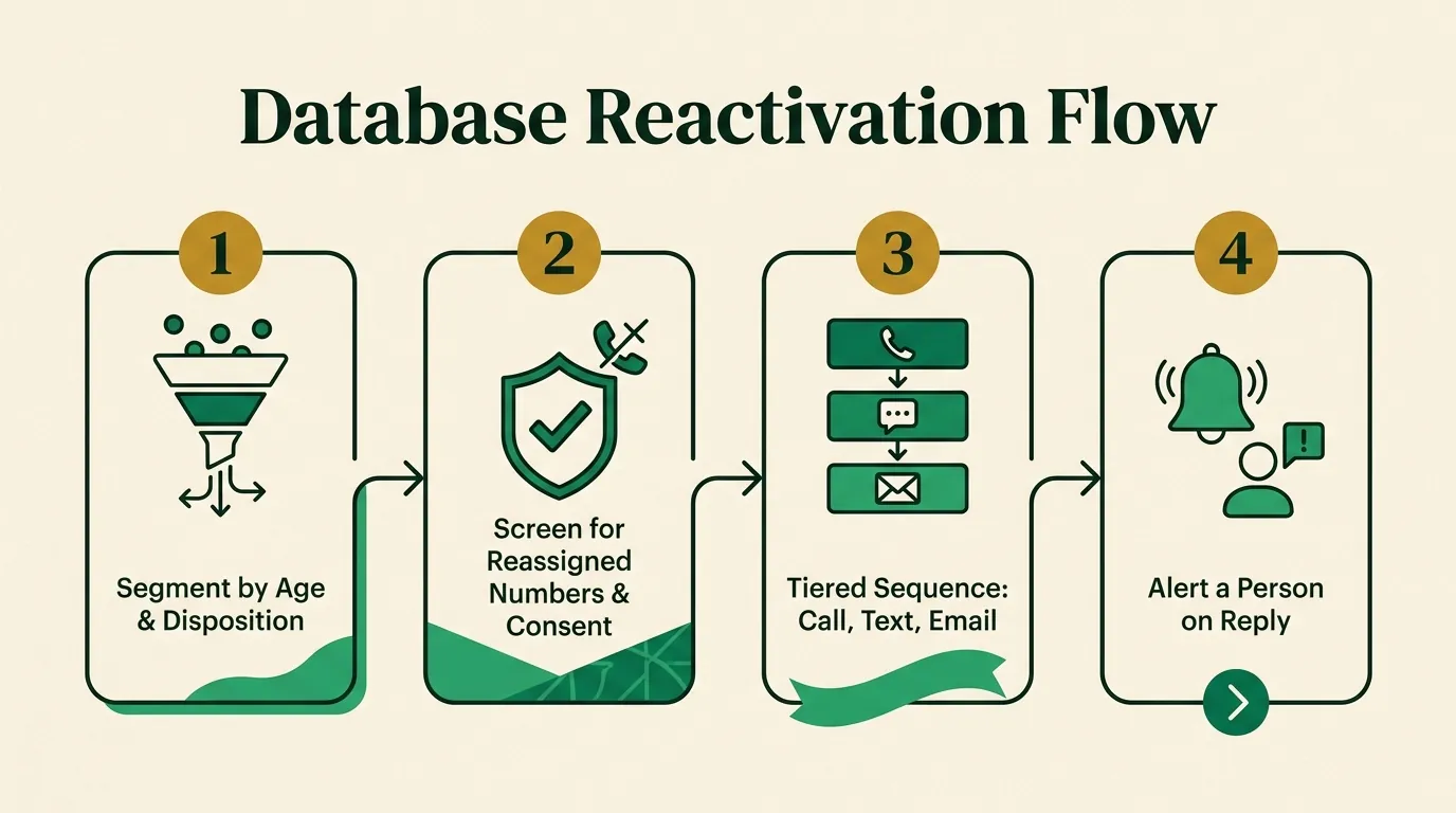 Infographic titled Database Reactivation Flow showing four steps: 1 Segment by age and disposition, 2 Screen for reassigned numbers and stale consent, 3 Tiered multi-channel sequence across call text and email, 4 Alert a specific person the moment someone replies.
