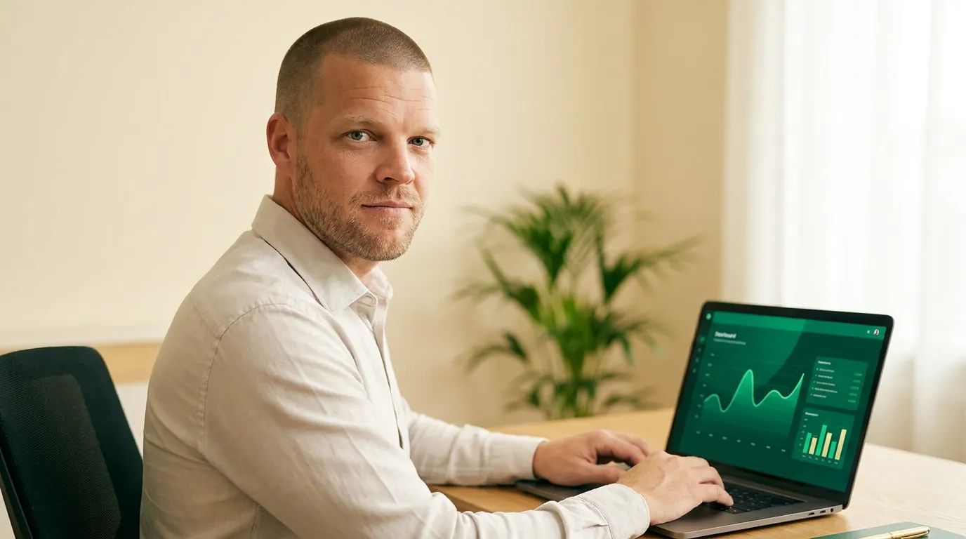 Mike Moore, founder of TheAffordableAI, standing beside a warm-lit desk where a laptop displays a CRM database reactivation dashboard with an emerald voice waveform and dormant-to-working lead counts