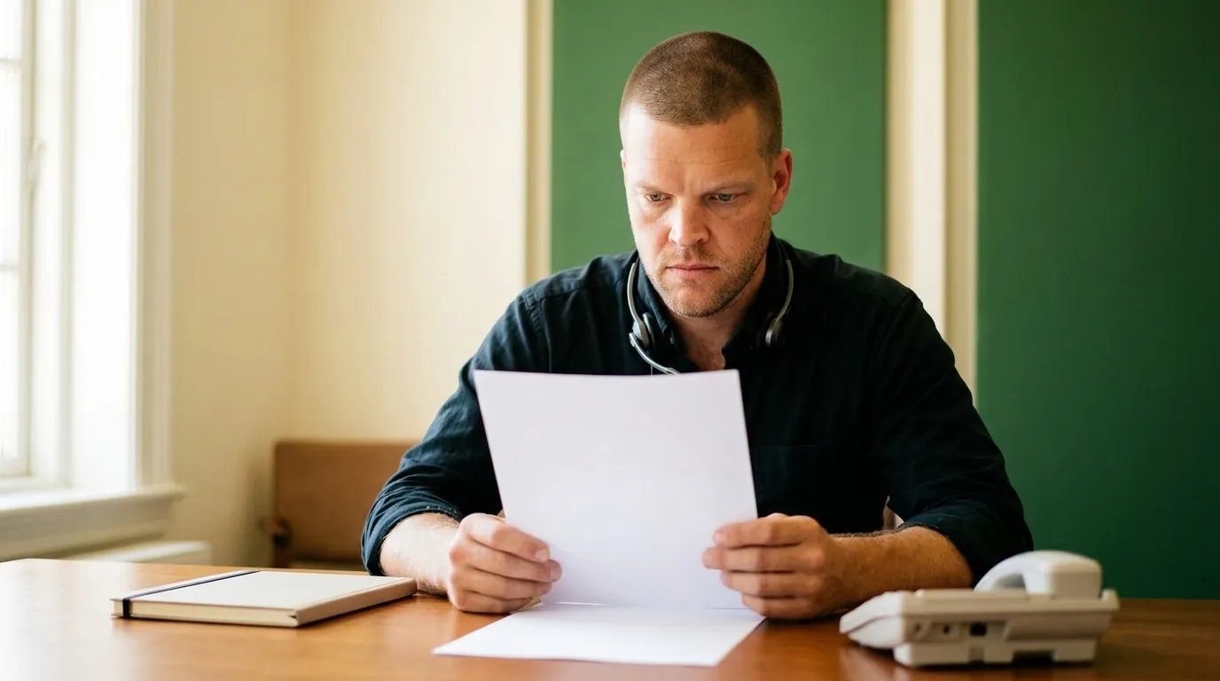 Mike Moore, founder of TheAffordableAI, reviewing a printed call script at his desk in a warm cream and forest-green office, headset resting around his neck