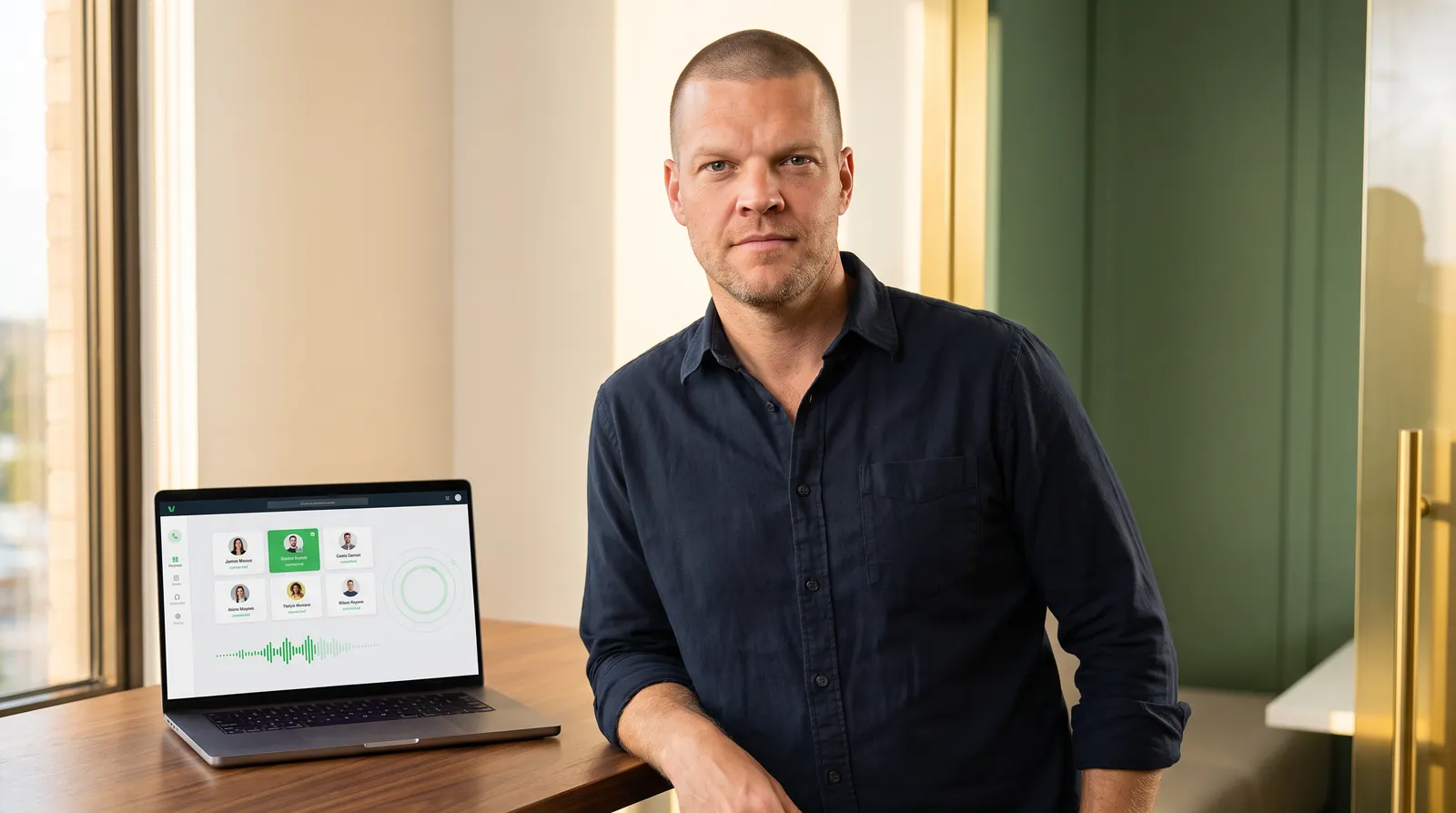 Mike Moore, founder of TheAffordableAI, standing beside a warm-lit desk where a laptop displays a multi-agent call routing dashboard with an emerald voice waveform and a ringing-agents visualization