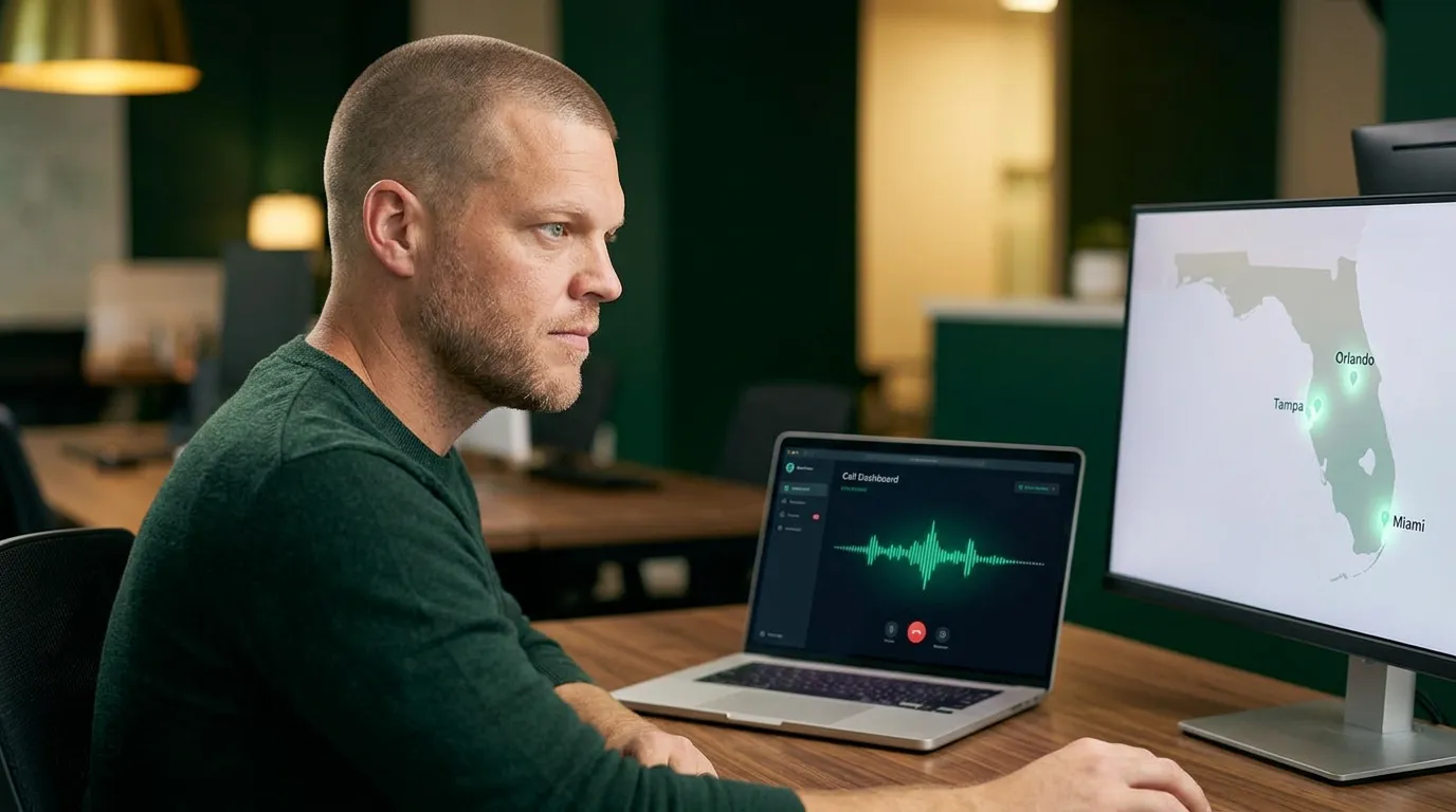 Mike Moore at a desk reviewing a call dashboard with an outline map of Florida and a glowing emerald voice waveform, representing insurance lead follow-up across Florida