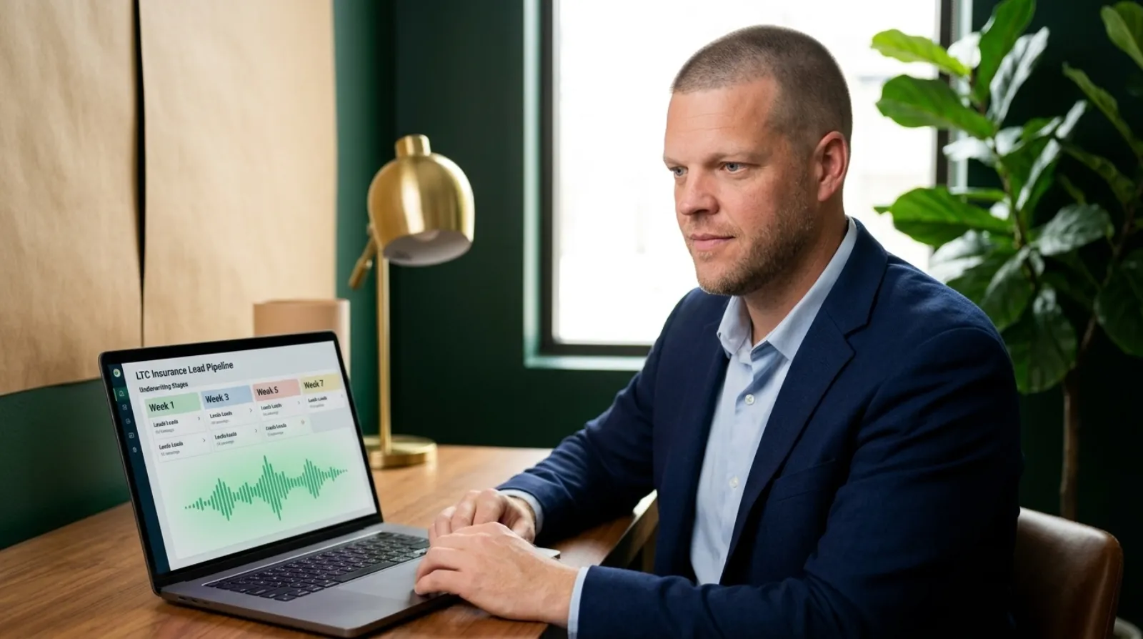 Mike Moore, founder of TheAffordableAI, at a wood desk reviewing a long-term care insurance lead pipeline dashboard showing leads staged by underwriting week, an emerald voice waveform on the screen