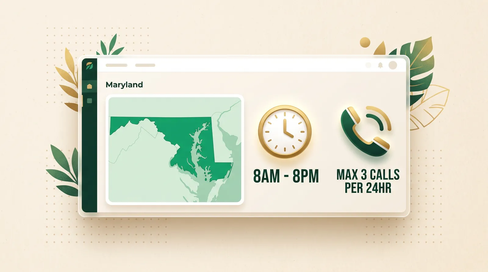 A dashboard mockup showing the state of Maryland highlighted in emerald green, a clock icon reading 8am to 8pm, and a phone icon reading max 3 calls per 24 hours