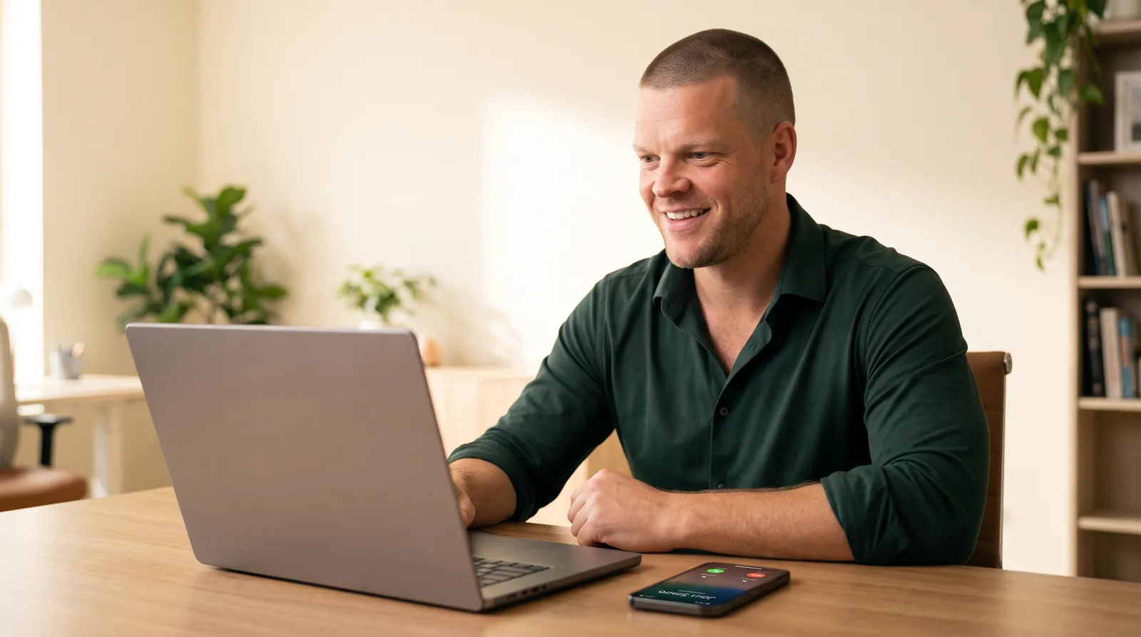 Mike Moore, founder of TheAffordableAI, smiling at his desk while a smartphone lights up with an incoming call next to his laptop, representing an inbound insurance lead calling in