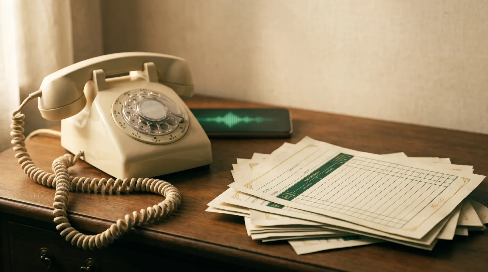 A warm-toned editorial photo of an office desk phone left ringing unanswered beside a stack of paper lead sheets, with a faint emerald voice waveform glowing on a nearby screen, representing a missed insurance lead