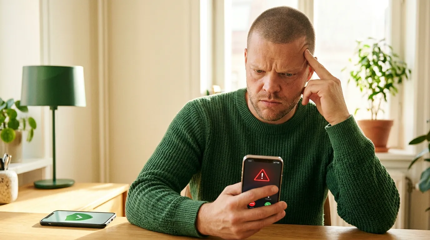 Mike Moore frowning at a phone showing a red spam warning on an outbound call, a second phone with a green shield beside him