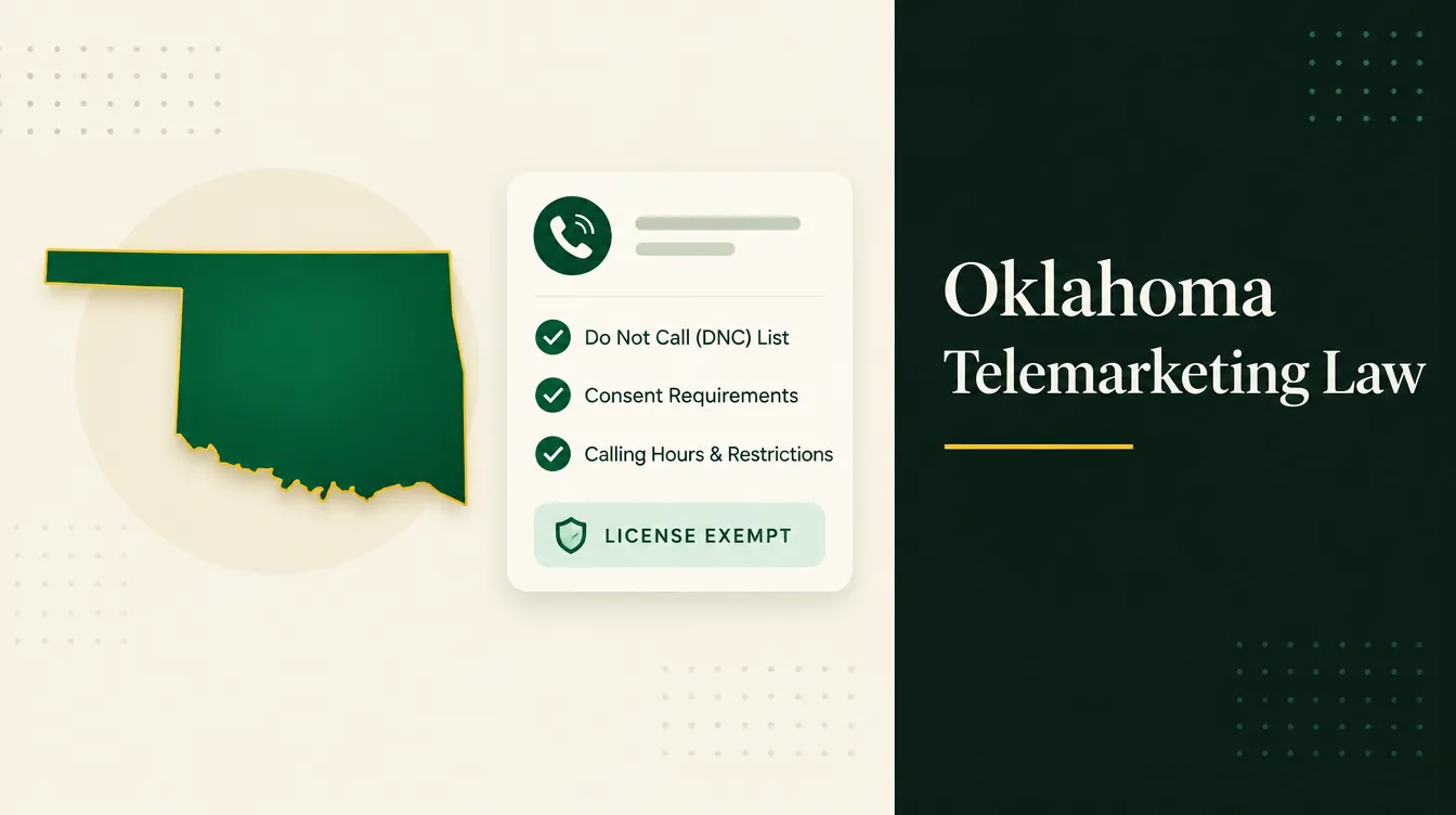 Editorial graphic showing an outline map of Oklahoma next to a compliance checklist card listing Do Not Call List, Consent Requirements, and Calling Hours and Restrictions, with a License Exempt badge, beside the headline Oklahoma Telemarketing Law
