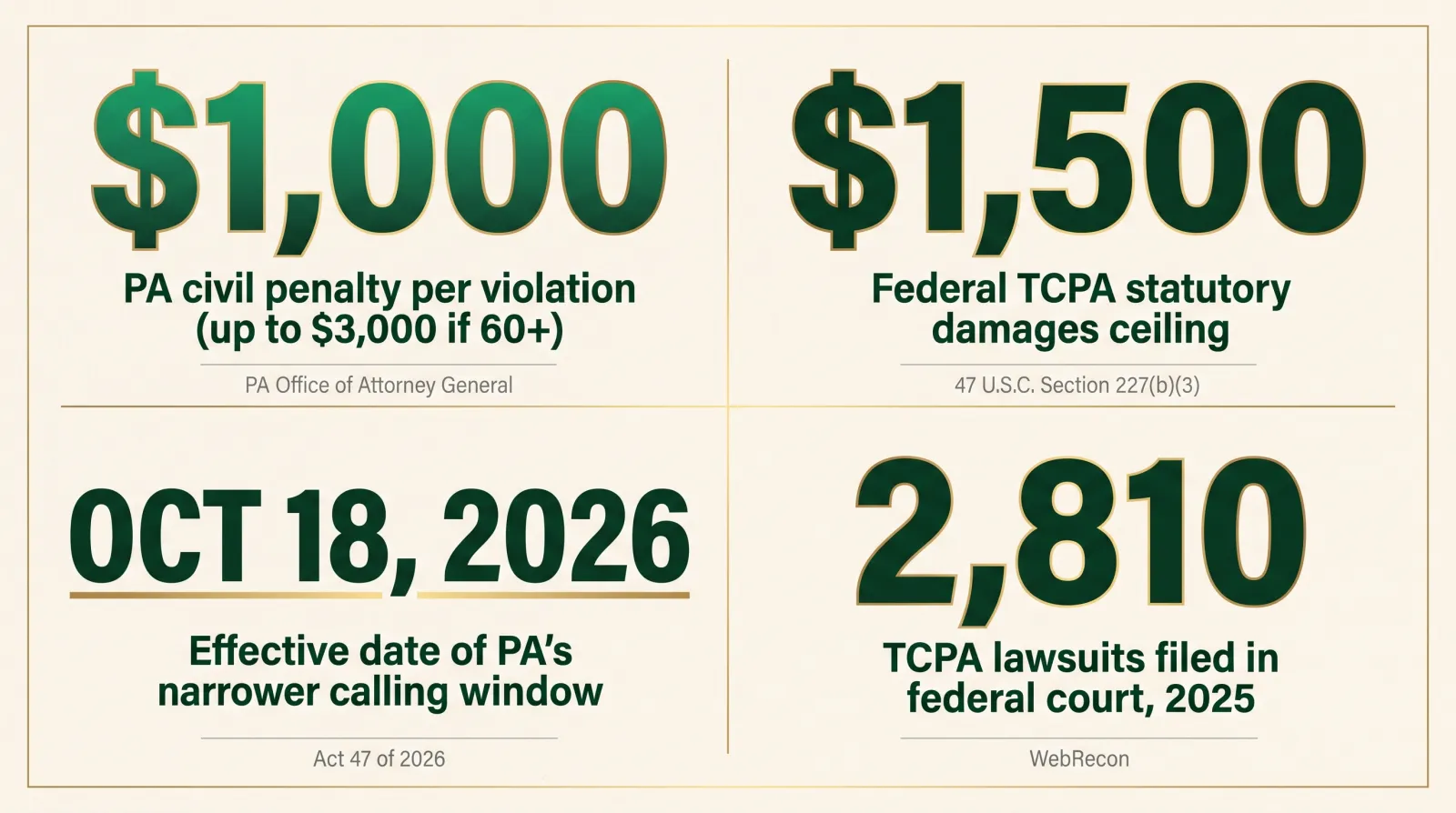 Stat card showing four Pennsylvania telemarketing compliance figures: up to 1,000 dollars civil penalty per violation, rising to 3,000 dollars for a person 60 or older, sourced to the Pennsylvania Office of Attorney General; a 1,500 dollar federal TCPA statutory damages ceiling per violation under 47 U.S.C. 227(b)(3); an October 18, 2026 effective date for the narrower Pennsylvania calling window, sourced to Act 47 of 2026; and 2,810 TCPA lawsuits filed in federal court in 2025, sourced to WebRecon.