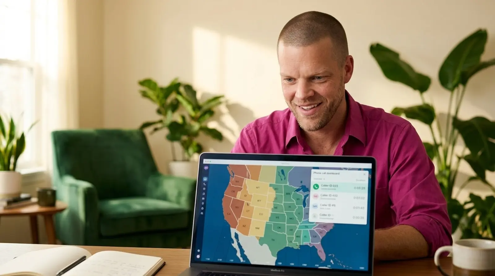 Mike Moore, founder of TheAffordableAI, at his desk looking at a laptop showing a map of US time zones overlaid with a phone call dashboard, representing the gap between a lead's area code and their actual location at the moment an insurance agency's dialer fires