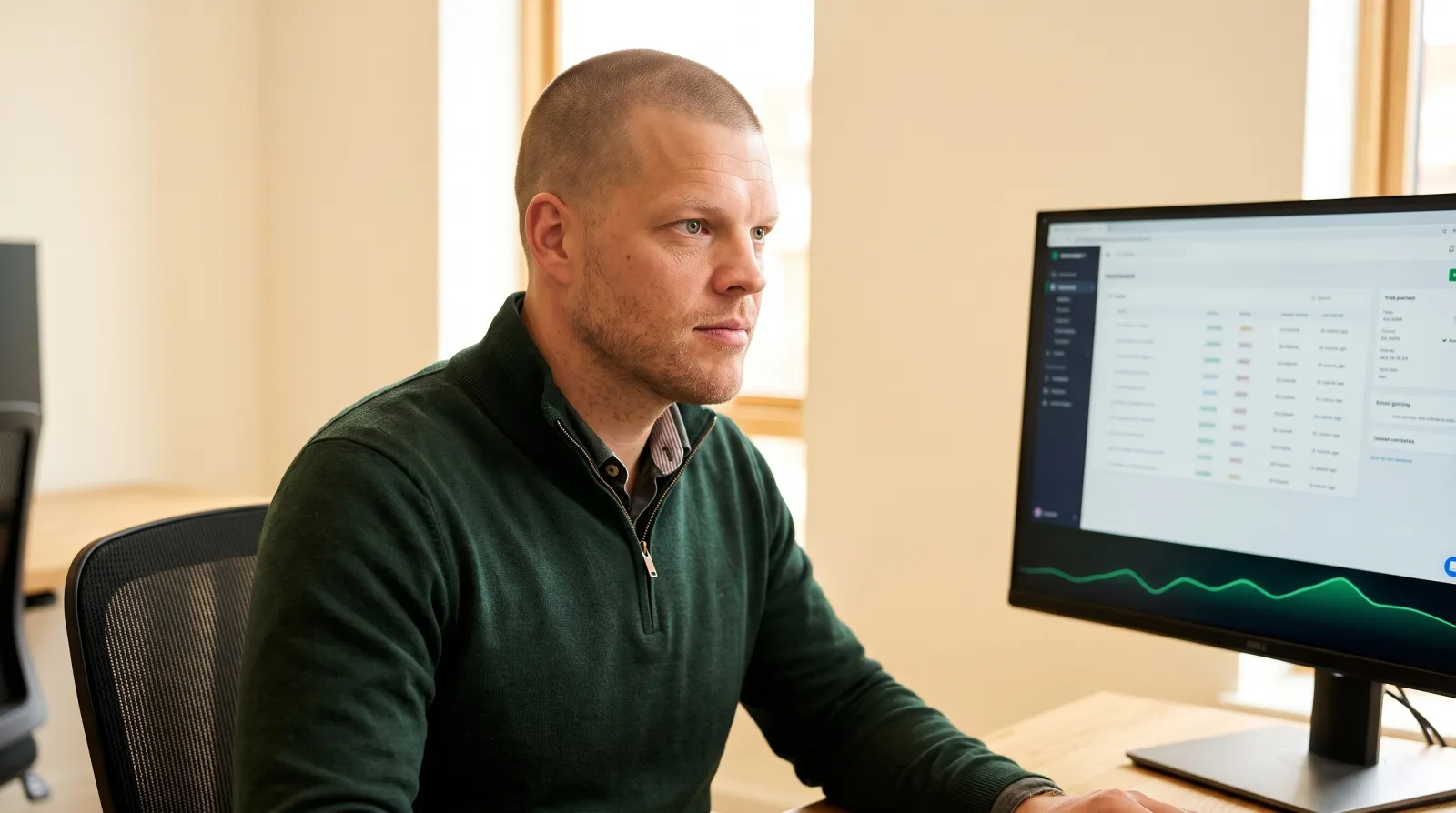 Mike Moore at a desk reviewing a CRM opt-out and consent dashboard on a monitor with a glowing emerald voice waveform, representing TCPA revocation of consent compliance for insurance lead follow-up