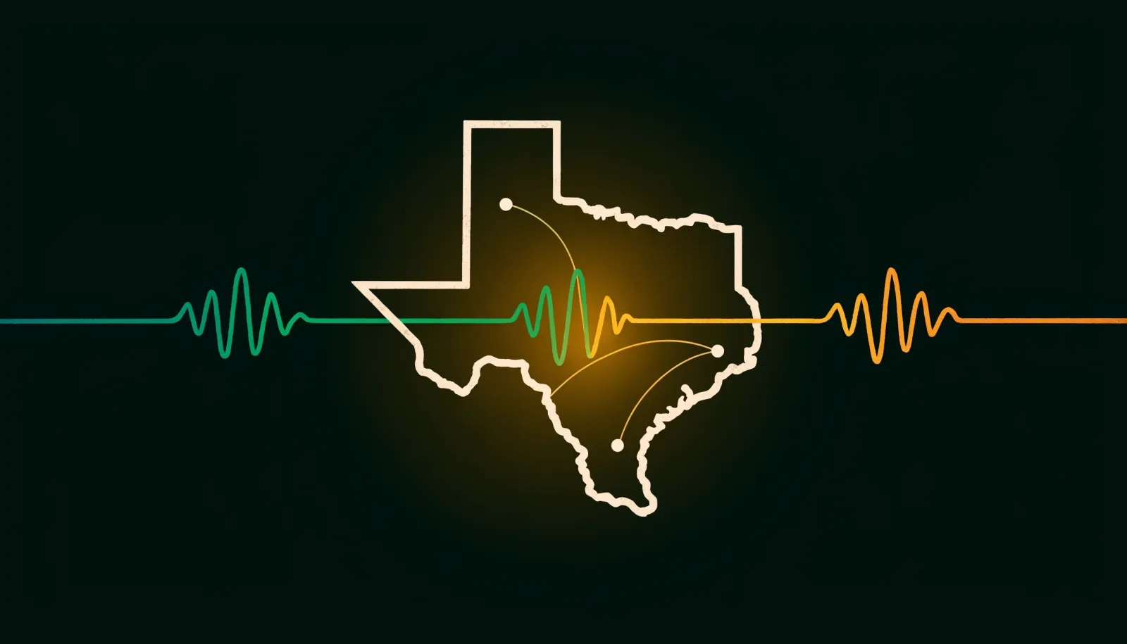 A warm paper-toned outline of the state of Texas with a glowing emerald voice waveform and call lines connecting Dallas-Fort Worth, Houston, San Antonio, and Austin, representing insurance lead follow-up across Texas