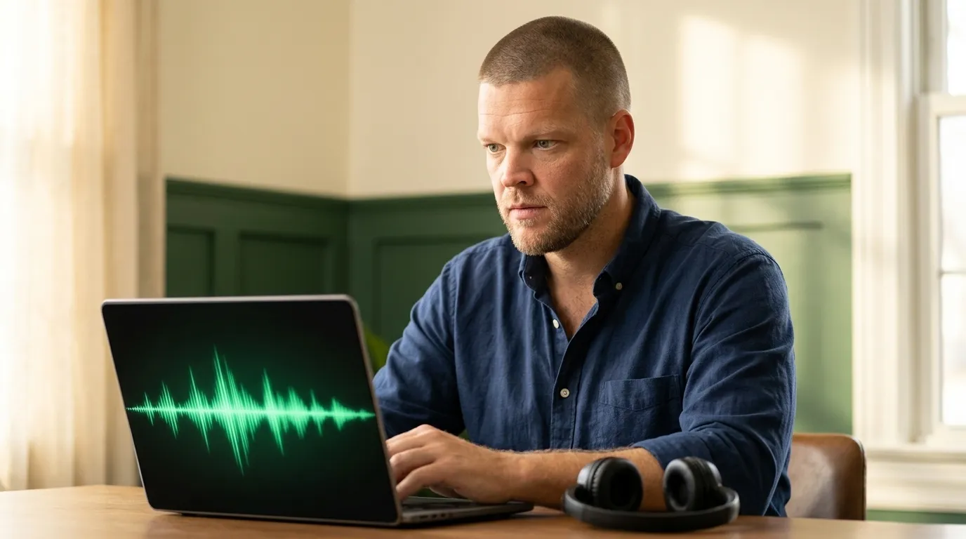 Mike Moore, founder of TheAffordableAI, at his desk comparing a headset labeled Virtual Assistant against a laptop showing an AI voice waveform dashboard, representing the choice between hiring a VA and using a managed AI caller for insurance leads