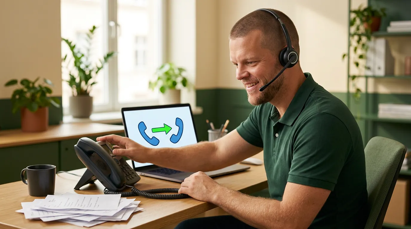 Mike Moore in a headset smiling as he picks up a live transferred call, a pile of unplayed voicemail notes pushed aside