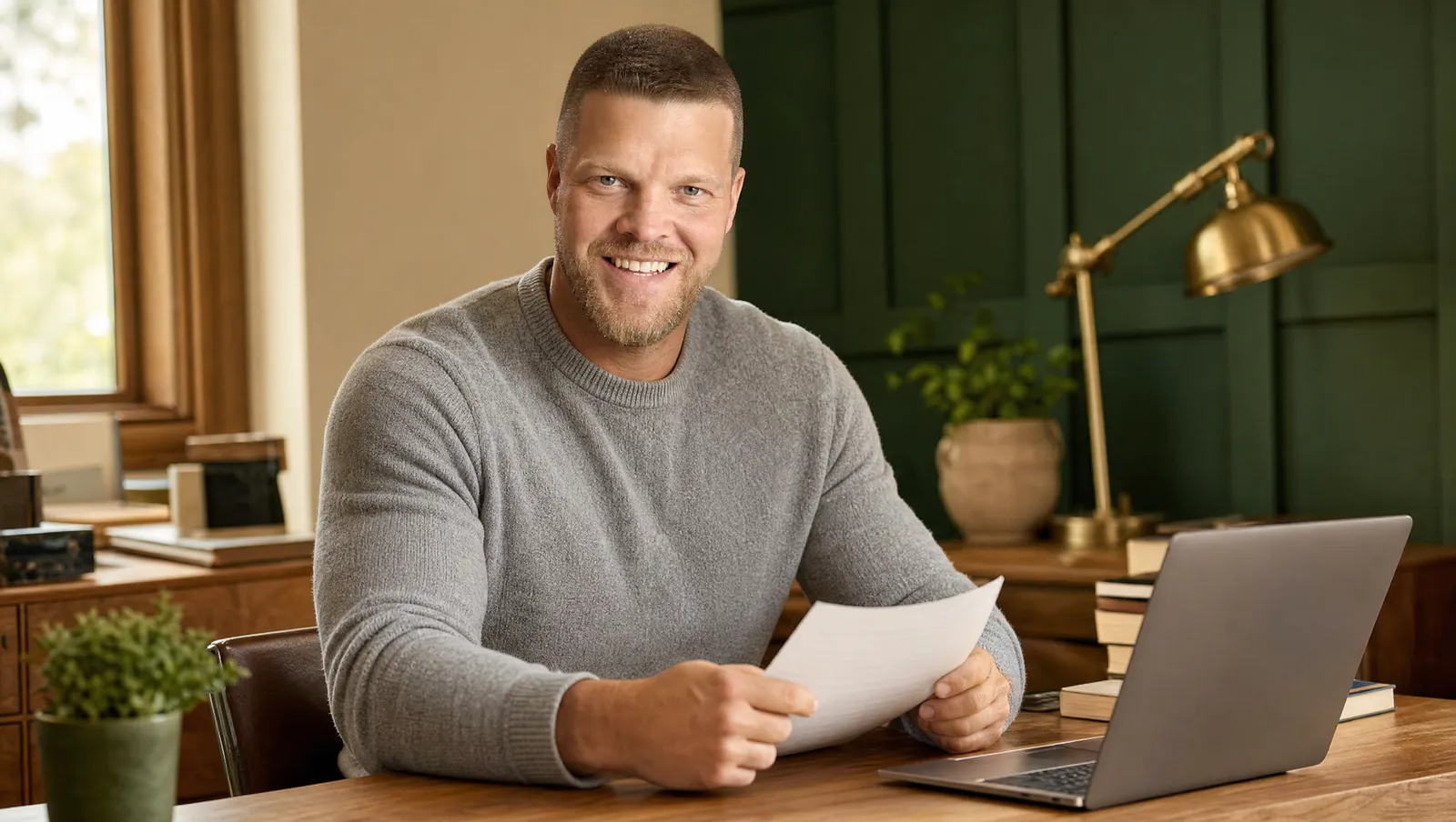 Mike Moore, founder of TheAffordableAI, reviewing call compliance notes at a desk in a warm cream and forest-green office